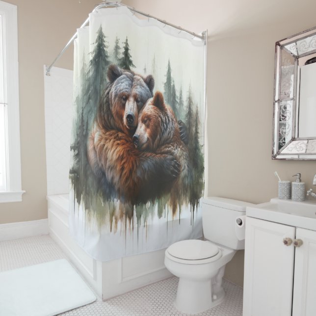 Watercolor Bears & Trees Rustic Wilderness  Shower Curtain (In Situ)