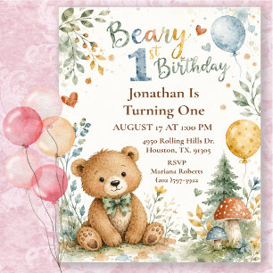 Watercolor Beary First Birthday Bear Party Invitation