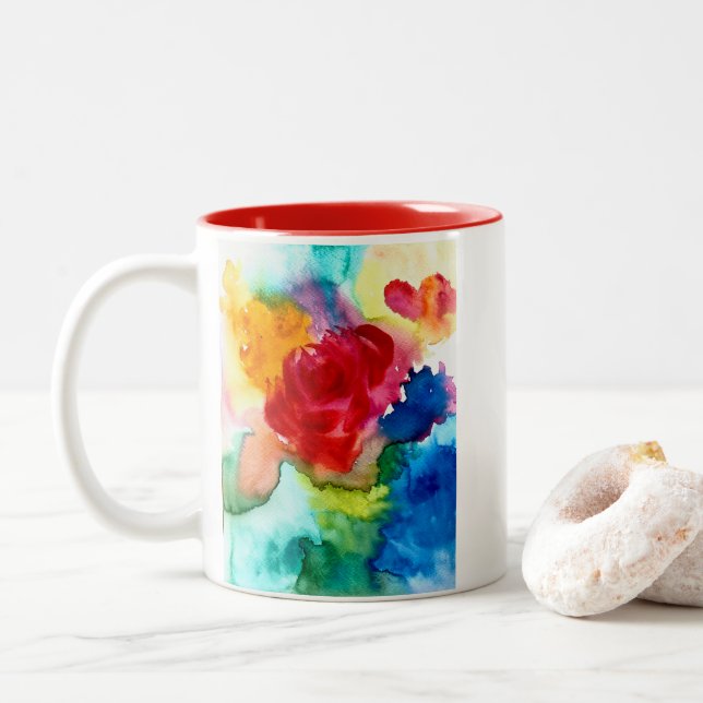 Watercolor beautiful abstract rose art Two-Tone coffee mug (With Donut)
