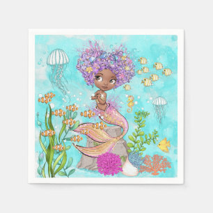 Watercolor Beautiful Brown Little Mermaid Birthday Napkin