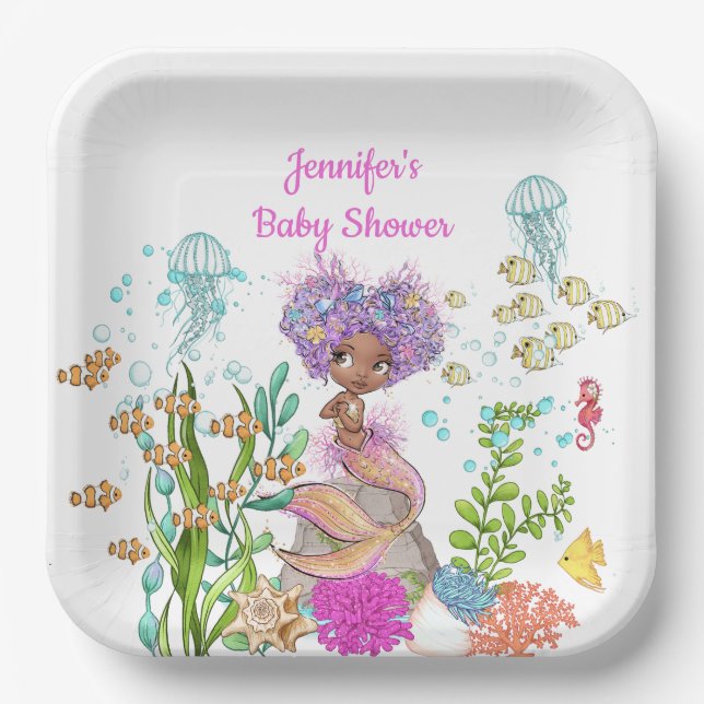Watercolor Beautiful Brown Little Mermaid Birthday Paper Plate (Front)
