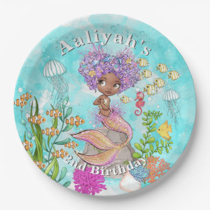 Watercolor Beautiful Brown Little Mermaid Birthday Paper Plate