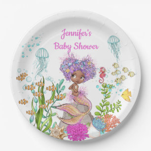 Watercolor Beautiful Brown Little Mermaid Birthday Paper Plate