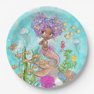 Watercolor Beautiful Brown Little Mermaid Birthday Paper Plate