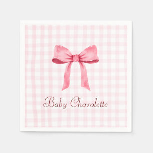 Watercolor Beautiful Classic Gingham Pink Bow Girl Napkin