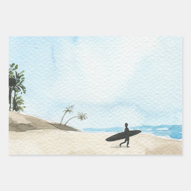 Watercolor Beautiful Ocean Beach and Surfer   Wrapping Paper Sheet (Front)