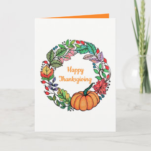 Watercolor Beautiful Pumpkin Wreath with leaves Holiday Card