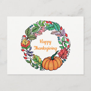 Watercolor Beautiful Pumpkin Wreath with leaves Holiday Postcard