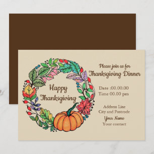 Watercolor Beautiful Pumpkin Wreath with leaves Invitation