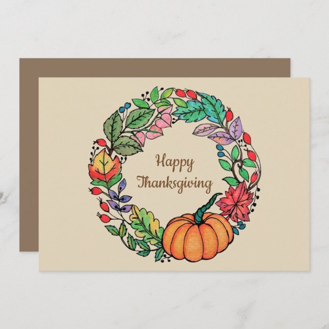 Watercolor Beautiful Pumpkin Wreath with leaves Invitation (Front/Back)