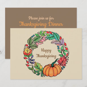 Watercolor Beautiful Pumpkin Wreath with leaves Invitation