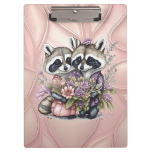 Watercolor Beautiful Racoon Couple With Flowers Clipboard