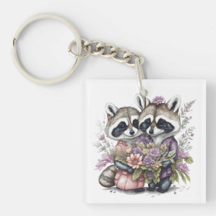 Watercolor Beautiful Racoon Couple With Flowers Key Ring