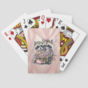 Watercolor Beautiful Racoon Couple With Flowers Playing Cards