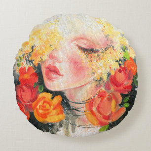 Watercolor beautiful woman and flowers round cushion
