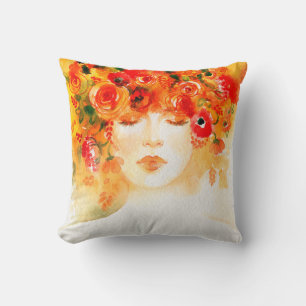 Watercolor beautiful woman wearing wreath cushion