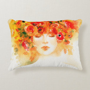 Watercolor beautiful woman wearing wreath decorative cushion