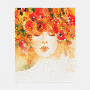 Watercolor beautiful woman wearing wreath fleece blanket