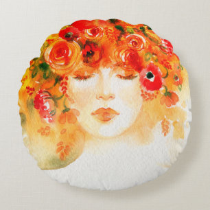 Watercolor beautiful woman wearing wreath round cushion
