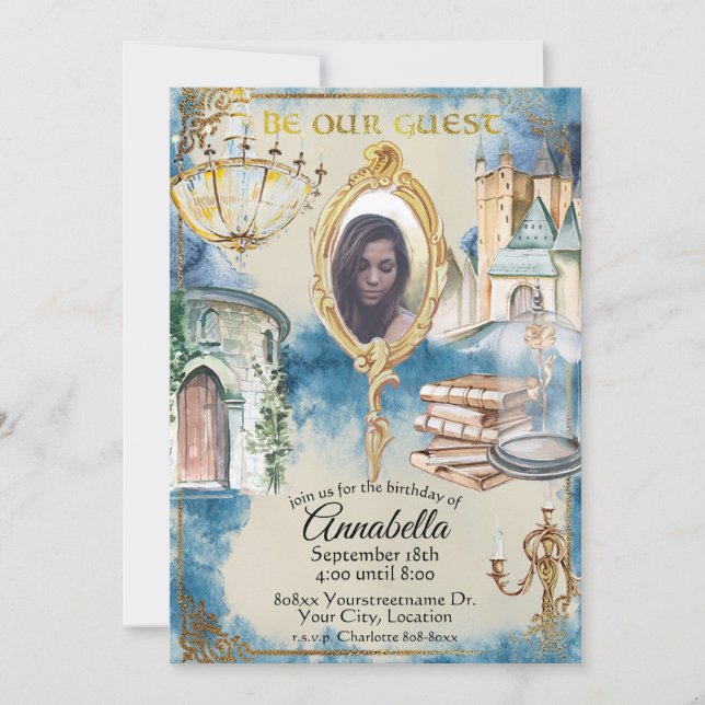 Watercolor Beauty and the Beast Photo Mirror Invitation (Front)