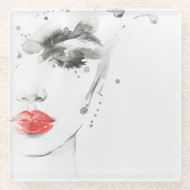 Watercolor Beauty: Female Portrait Illustration Glass Coaster (Front)