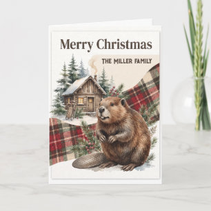 Watercolor Beaver Plaid Woodland Christmas Custom Card