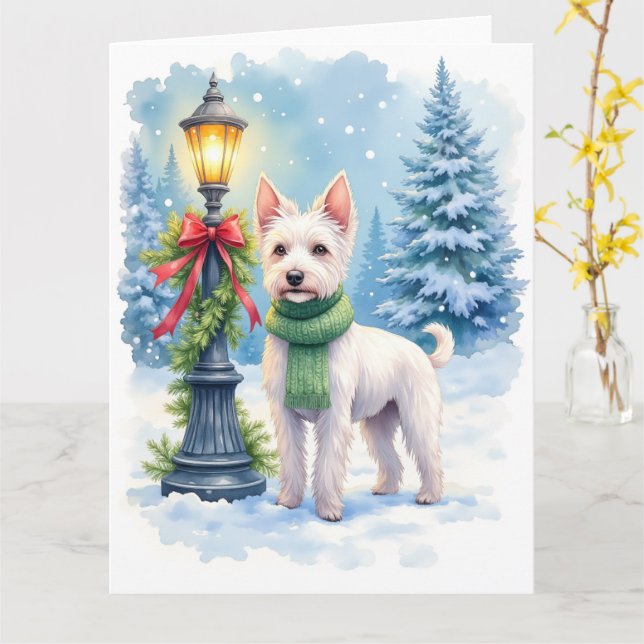 Watercolor Bedlington Terrier Lamppost Christmas Card (Yellow Flower)