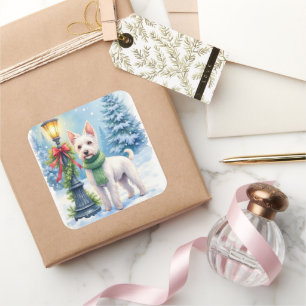 Watercolor Bedlington Terrier Lamppost Christmas Square Sticker