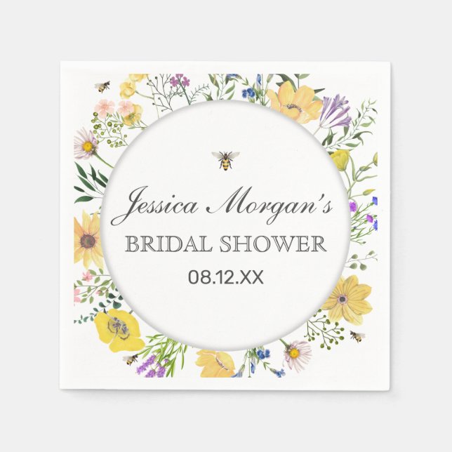 Watercolor Bee And Delicate Wildflower Baby Shower Napkin (Front)