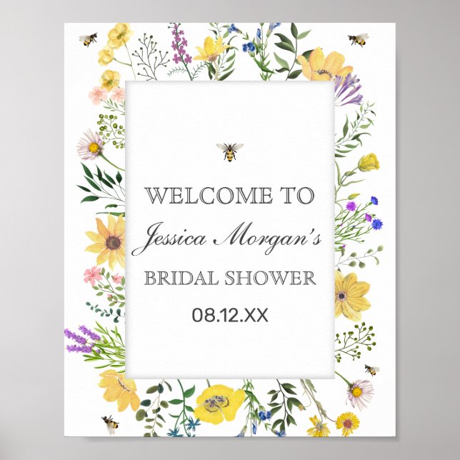 Watercolor Bee And Delicate Wildflower Baby Shower Poster (Front)