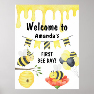 Watercolor Bee Day Birthday Party Welcome Poster