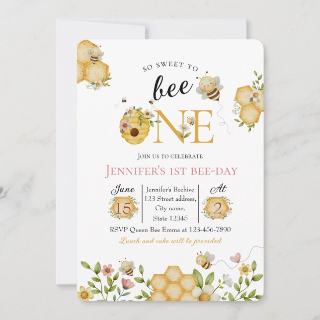 Watercolor Bee First Birthday Invitation (Front)