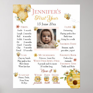 Watercolor Bee First Birthday Milestone Poster