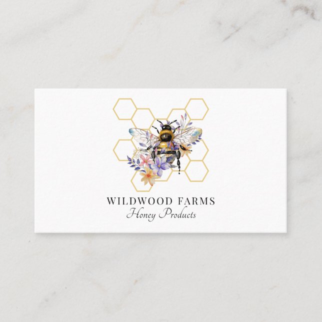Watercolor Bee Floral Honeycomb Logo Beekeeper  Business Card (Front)