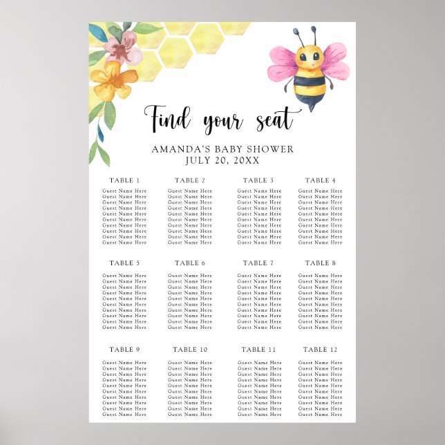 Watercolor bee floral seating chart (Front)