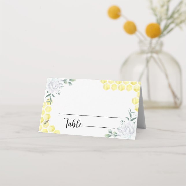Watercolor Bee floral wedding place cards (Front)