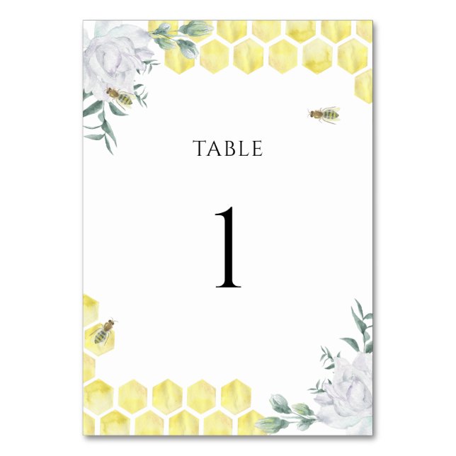Watercolor bee floral - wedding table number (Front)