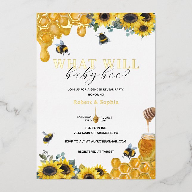 Watercolor Bee Gender Reveal Gold (Front)