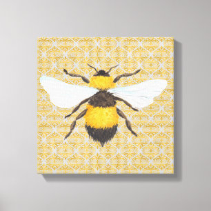 Watercolor Bee on Damask Canvas Print