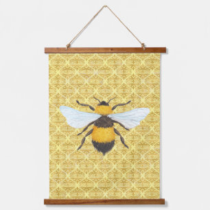 Watercolor Bee on Damask   Hanging Tapestry