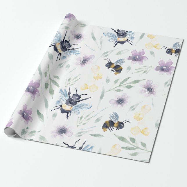 Watercolor Bee Pattern Wrapping Paper (Unrolled)