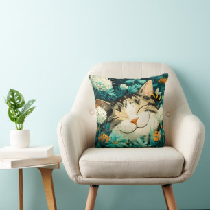 Watercolor Bee Sleeping Cat Flower Garden Cushion