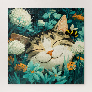 Watercolor Bee Sleeping Cat Flower Garden Jigsaw Puzzle