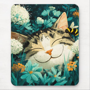 Watercolor Bee Sleeping Cat Flower Garden Mouse Mat