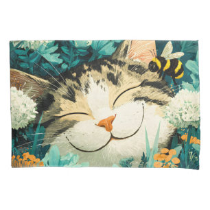 Watercolor Bee Sleeping Cat Flower Garden Pillowcase