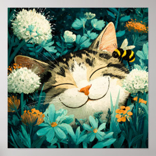 Watercolor Bee Sleeping Cat Flower Garden Poster