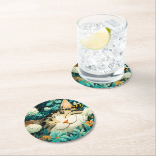 Watercolor Bee Sleeping Cat Flower Garden Round Paper Coaster