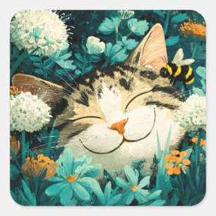 Watercolor Bee Sleeping Cat Flower Garden Square Sticker