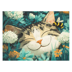 Watercolor Bee Sleeping Cat Flower Garden Tablecloth