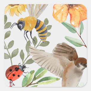 Watercolor Bee, Sparrow & Wildflower Flat Paper Square Sticker